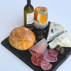 1/12TH SCALE Dolls House Food - cheese platter with wine, bread and charcuterie