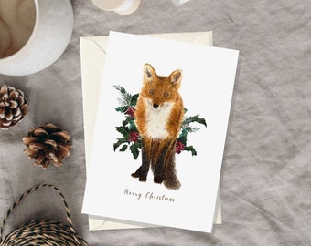 Christmas Card Handmade Watercolor, Christmas Gifts for Women Friends, Woodland Animal Cards, Holiday Card for Friends, Fox Christmas Card