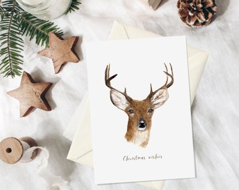 Christmas Card Animal, Holiday Card for Co-worker, Handmade Watercolor Christmas Gifts for Parents, Reindeer Christmas Cards for Daughter