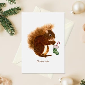 Tarjeta navideña de ardilla para padres, tarjeta navideña de animales para maestros, tarjetas navideñas de acuarela hechas a mano para suegra, regalo de invierno