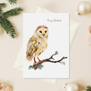 Owl Christmas Card for Dad, Watercolor Holiday Card Wildlife, Handmade Christmas Card for a Daughter, Animal Winter Gift for Teachers