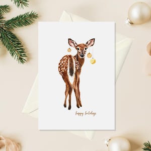 Tarjeta navideña de ciervo, tarjetas navideñas con animales, regalo navideño único para ella, tarjetas navideñas con acuarela de animales, pequeños obsequios navideños para mujeres