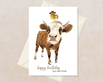 Funny Birthday Card Chicken, Watercolor Birthday Card for Girlfriend, Cowboy Birthday Card for Friend, Funny Gift for Women, Cool Chick