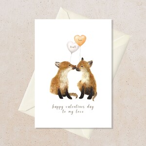 Gepersonaliseerde Fox-valentijnskaart, handgemaakte aquarel liefdeskaart, aangepaste dierenpaarkaart voor hem, leuk jubileum of valentijnscadeau