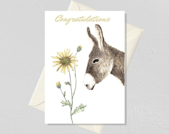 Donkey Card, Birthday Card Animal, Happy Birthday Card for Friend, Greeting Card Handmade, Watercolor Flower Card, Birthday Gift for her