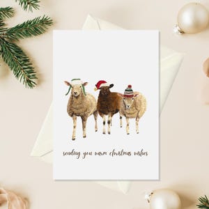 Cartão de Natal de ovelha fofa, cartão de Natal em aquarela feito à mão, cartão de Natal de animal engraçado, presente de Natal para funcionários, presente de Natal para ele