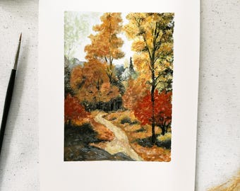 Original Gouache Landscape Painting, Handmade Fall Decorations, Autumn Wall Art, Nature Painting for Bedroom, Unique Gift for Nature Lovers