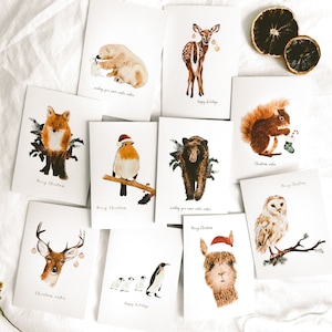 Unieke kerstkaartensets, dierlijke aquarel kerstkaarten, bosrijke kerstkaartenset, handgemaakte kerstkaartensets, uniek vakantiecadeau