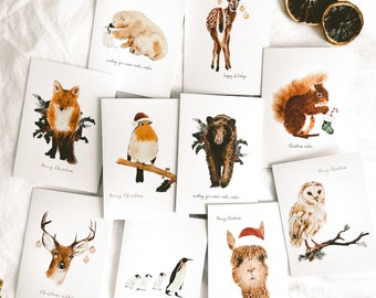 Ensemble de 10 cartes de Noël faites à la main, idées de cadeaux de Noël pour femmes, ensemble de cartes de Noël à l’aquarelle, pack de cartes de vacances, cartes de vœux d’hiver