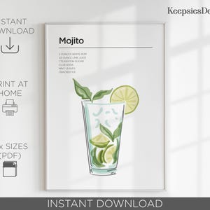 Mojito Cocktail Print, Wandkunst für Küche, Cocktail-Rezept Poster, Bar Warenkorb Dekor, druckbare Wandkunst, Mixology Geschenk, Sofort Download