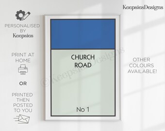 Personalised home address gift print, custom board game property present, monopoly street name number home decor print, house-warming gift