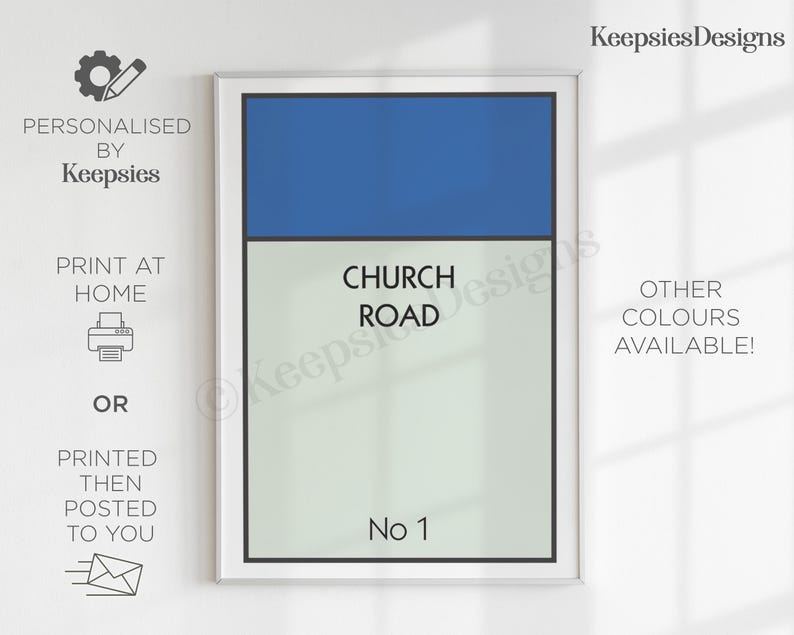 May include: A rectangular wall art print featuring a blue horizontal bar at the top and a light grey background below. The text CHURCH ROAD is printed in black in the centre, with No 1 printed in black at the bottom, all enclosed in a thin black border.