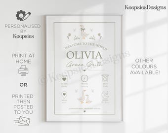 Personalised new baby gift, gift for new parents, birth stats print, birth details poster, newborn present, silly goose nursery decor.