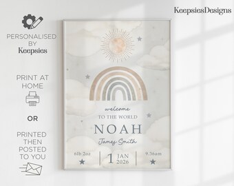 Personalised baby gift, personalised baby print, new baby christening gift, birth stats print, baby birth poster, neutral nursery decor
