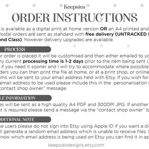 May include: A white informational graphic with dark gray text titled ORDER INSTRUCTIONS by Keepsies. It details options for digital prints or A4 physical prints, processing times, file formats including A4 PDF and 300DPI JPG, and a note for iPhone users regarding Apple ID email addresses.