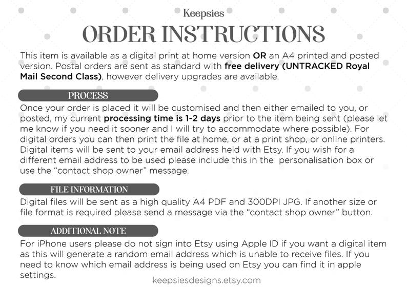May include: A white informational graphic with dark gray text titled ORDER INSTRUCTIONS by Keepsies. It details options for digital prints or A4 physical prints, processing times, file formats including A4 PDF and 300DPI JPG, and a note for iPhone users regarding Apple ID email addresses.