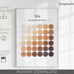 May include: A vertical rectangular wall art print titled TEA COLOUR SPECTRUM. The design features a grid of thirty-six circles arranged in six rows and six columns, displaying a gradient of tea shades ranging from light beige to dark brown.
