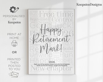 Personalised retirement leaving gift | Retirement word art poster print, Unique colleague gift, Retirement gift for him her, Retiring gifts.