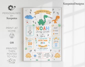 Personalised newborn boy dinosaur gift, gift for new parents, birth stats print, birth details poster, new baby boy present, nursery decor.