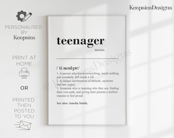 Personalised teenager gift print | Custom present for teen,  Birthday gift for teenager, Unique bedroom decor, Teenager definition poster