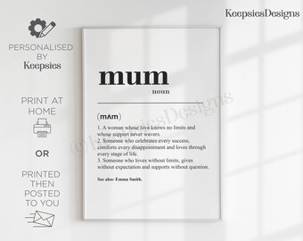 Personalised Mum Mummy gift definition print, Custom Mum meaning quote poster, Mum birthday gift, Mothers day, gift from children