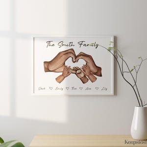 May include: A framed wall art print featuring a watercolor illustration of two large hands forming a heart shape above three smaller hands. The text reads The Smith Family at the top and lists the names Jack, Emily, Theo, Ava, and Lily at the bottom.