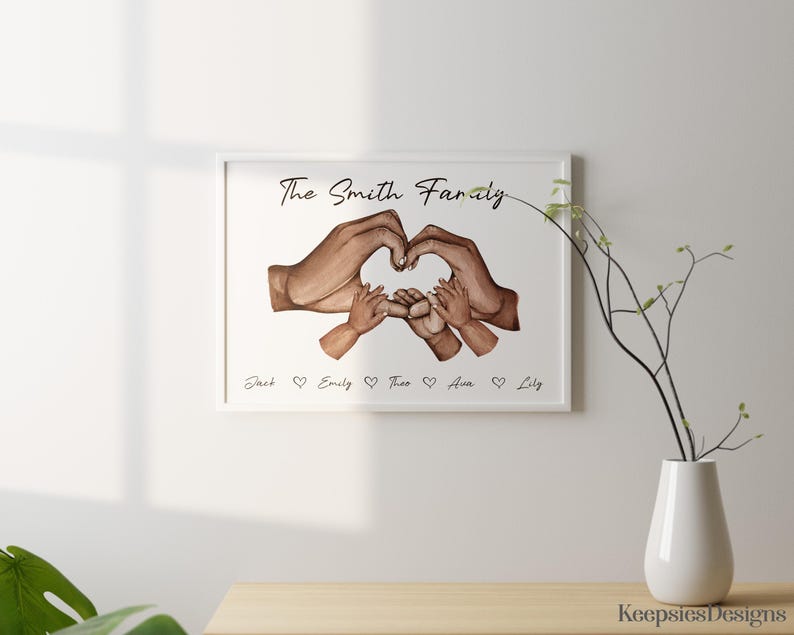 May include: A framed wall art print featuring a watercolor illustration of two large hands forming a heart shape above three smaller hands. The text reads The Smith Family at the top and lists the names Jack, Emily, Theo, Ava, and Lily at the bottom.