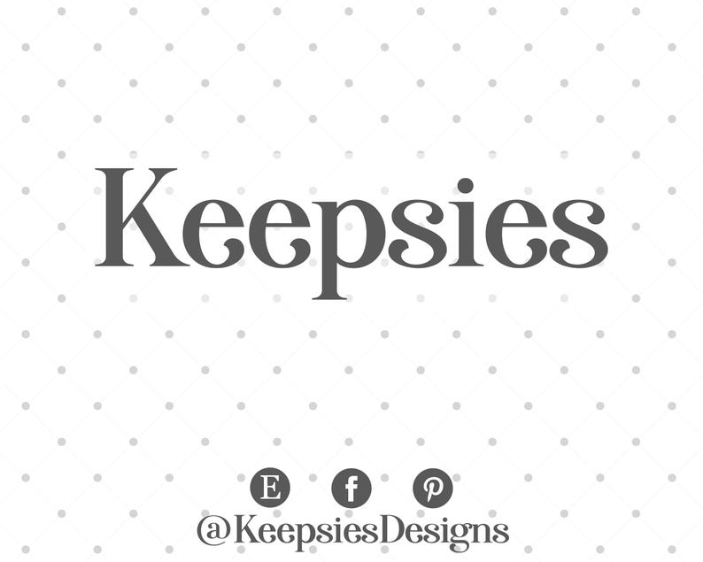 May include: A white background featuring a repeating pattern of small gray dots. The word Keepsies is printed in large, dark gray serif font in the center. Below, three circular social media icons and the handle @KeepsiesDesigns are displayed.