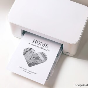 Pode incluir: Uma impressora branca imprimindo um design em preto e branco com o texto "HOME is where our heart is". O design inclui um mapa em forma de cora&ccedil;&atilde;o e os nomes Jayne, Mark, Erika e Simon.