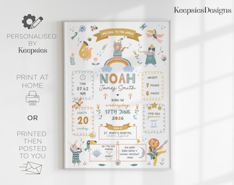 Personalised newborn boy gift, gift for new parents, birth stats print, birth details poster, new baby boy present, scandi nursery decor.