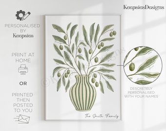 Personalised olive family tree gift print | Custom family names poster, Unique Mothers Day House-warming gift, Family illustration keepsake