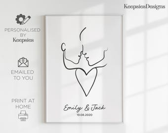 Plakat z rysunkiem pary z pocałunkiem | Prezent z okazji rocznicy zaręczyn, Rysunek pary, Prezent rocznicowy