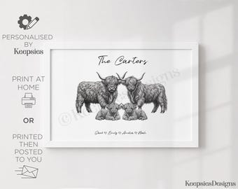 Personalised highland cow family gift print, custom name present from children kids, unique drawing, gift for family, poster gift for mum