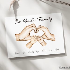 May include: A white rectangular print featuring a brown ink illustration of two adult hands and two infant hands forming a heart shape. The text The Smith Family appears at the top, with the names Jack, Emily, Theo, and Ava separated by hearts below.