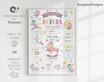 Personalised newborn girl gift, keepsake for new parents, birth stats details poster print baby girl present, unicorn fairy nursery decor.