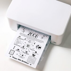 May include: A white desktop printer outputting a black and white printed sheet featuring 2008 birthday facts. The document includes the text 2008, 18, and Happy 18th Birthday, along with various icons and historical information about the year 2008.