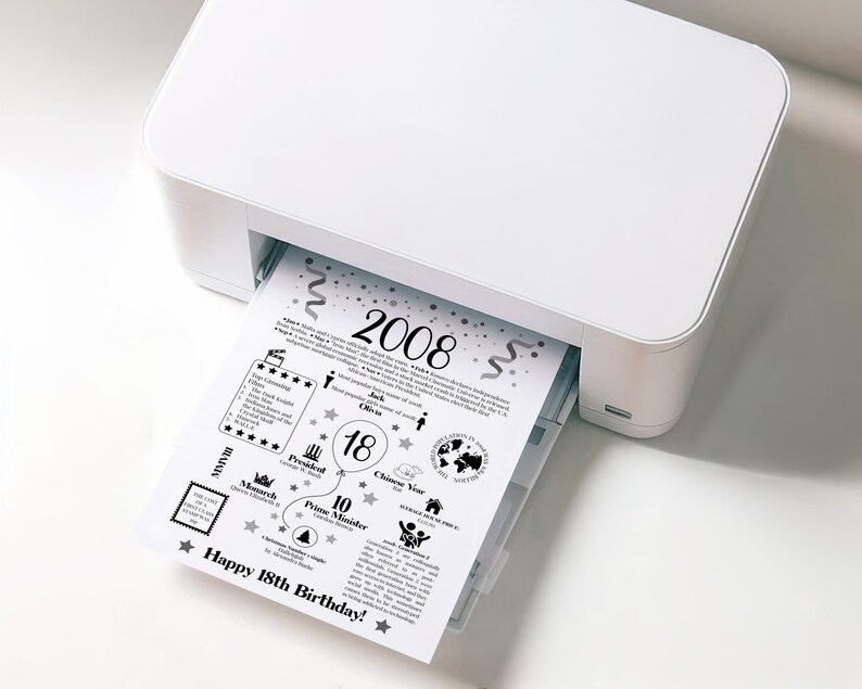 May include: A white desktop printer outputting a black and white printed sheet featuring 2008 birthday facts. The document includes the text 2008, 18, and Happy 18th Birthday, along with various icons and historical information about the year 2008.