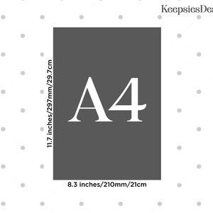 A sizing guide graphic showing an A4 rectangle with dimension measurements in inches and centimeters.