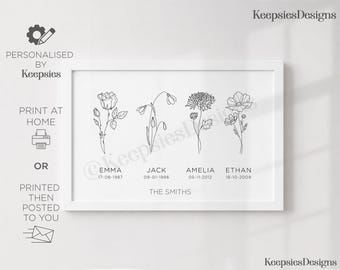 Personalised family gift print, custom family poster, birth flower family portrait, family bouquet custom illustration, gift for family.