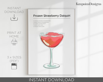 Strawberry Daiquiri Cocktail Print, Kitchen Wall Art, Cocktail Recipe Poster, Bar Decor, Printable Wall Art, Mixology Gift, Instant Download