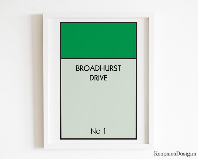 May include: A framed rectangular print featuring a green horizontal bar at the top, followed by the text BROADHURST DRIVE in black capital letters, and the text No 1 at the bottom, all set against a light grey background with a black border.