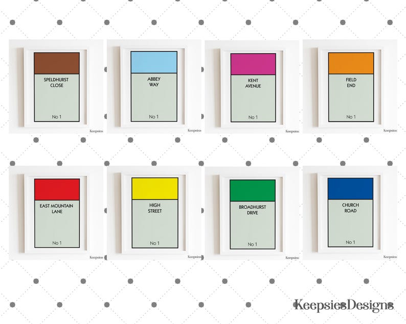 May include: Eight framed rectangular prints arranged in two rows, each featuring a coloured header bar, a street name, and the text No 1. The street names include Speldhurst Close, Abbey Way, Kent Avenue, Field End, East Mountain Lane, High Street, Broadhurst Drive, and Church Road. The brand name Keepsies Designs appears in the bottom right corner.