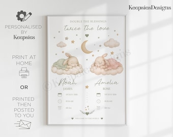 Personalised twin baby gift print, custom present for twins, unique newborn twins birth poster gift, twin birth stats birth information