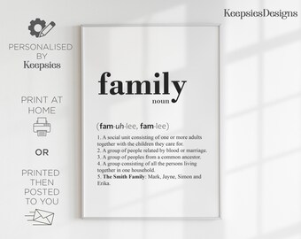Personalised family dictionary definition print | Mothers Day gift, Family meaning poster print, Family gift, Family name print, Family tree