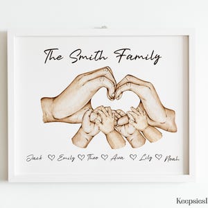 May include: A framed print featuring a watercolor illustration of multiple hands forming a heart shape. The text "The Smith Family" appears at the top, and the names "Jack", "Emily", "Theo", "Ava", "Lily", and "Noah" are printed below with heart icons.
