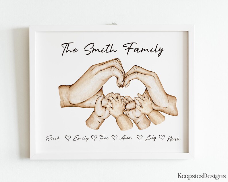 May include: A framed print featuring a watercolor illustration of multiple hands forming a heart shape. The text "The Smith Family" appears at the top, and the names "Jack", "Emily", "Theo", "Ava", "Lily", and "Noah" are printed below with heart icons.