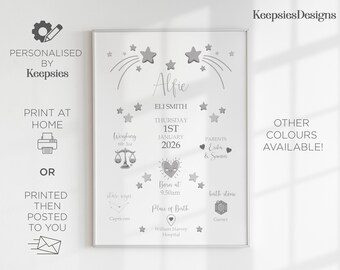 New baby gift personalised, newborn gift print, birth announcement, baby information print, gift for new mum, baby name print, star nursery