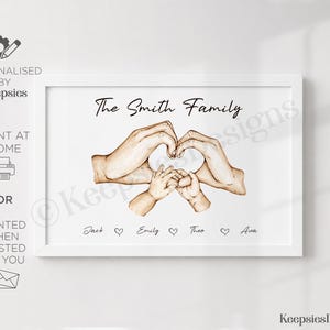 May include: A white framed wall art print featuring a watercolor illustration of two adult hands and two smaller children's hands forming a heart shape. The text reads The Smith Family above the hands and the names Jack, Emily, Theo, and Ava below.