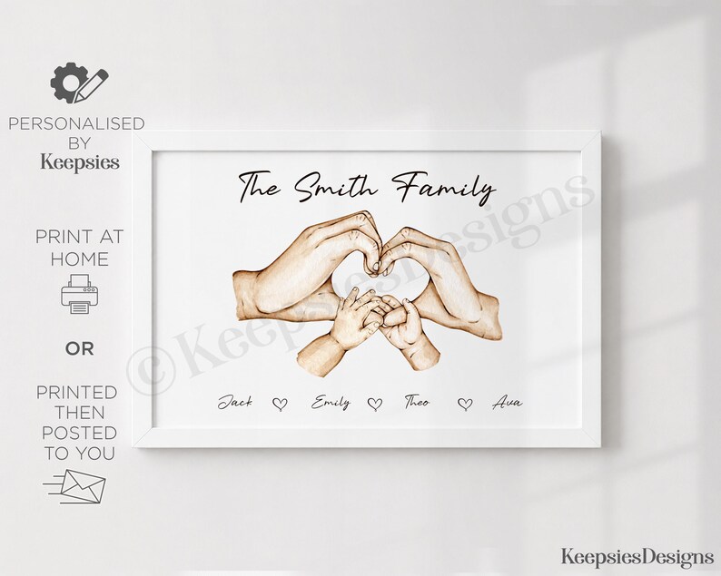 May include: A white framed wall art print featuring a watercolor illustration of two adult hands and two smaller children's hands forming a heart shape. The text reads The Smith Family above the hands and the names Jack, Emily, Theo, and Ava below.
