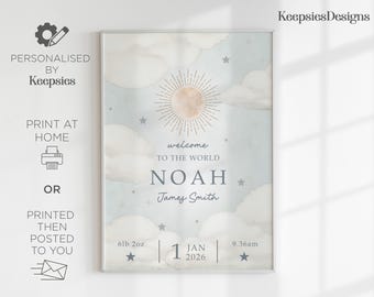 Personalised new baby gift, new baby print, baby birth poster, personalised baby wall art, birth announcement, cloud nursery decor